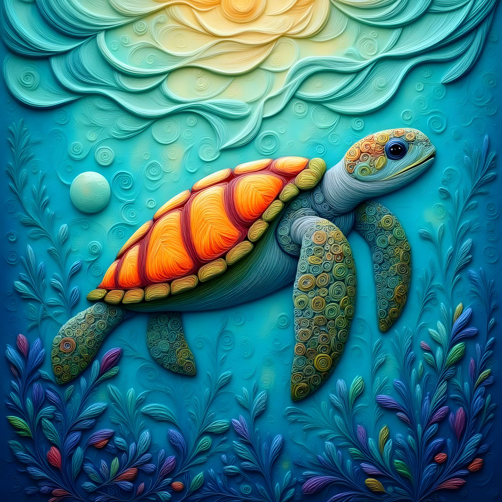 Embroidered Sea Turtle in Sparkling Ocean