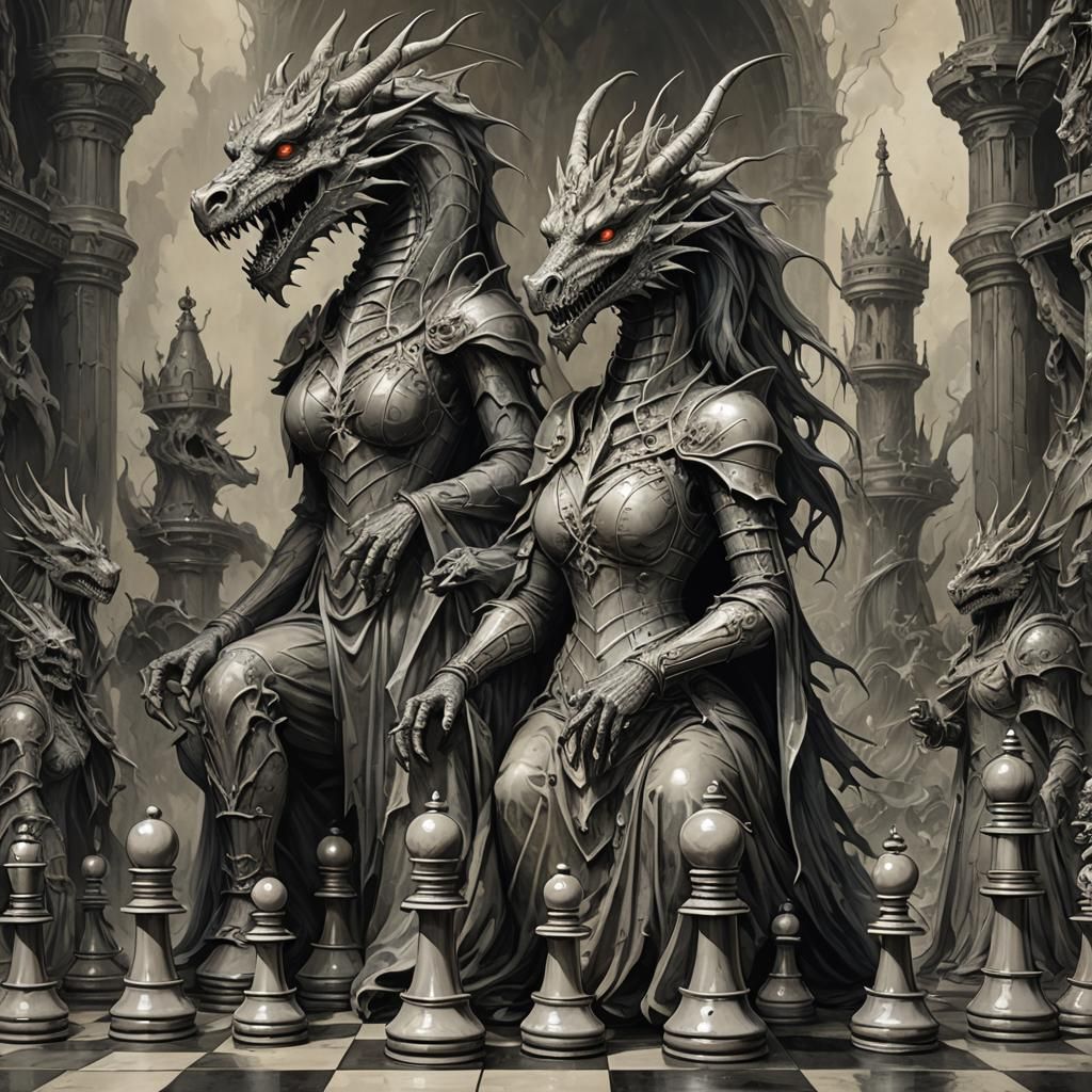 Abstract Dragon Queen Chess Pieces in Horror Style