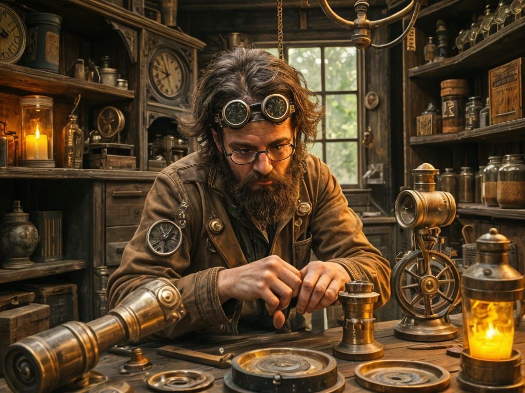 Steampunk Inventor Crafts Fantastical Machine in Cluttered W...