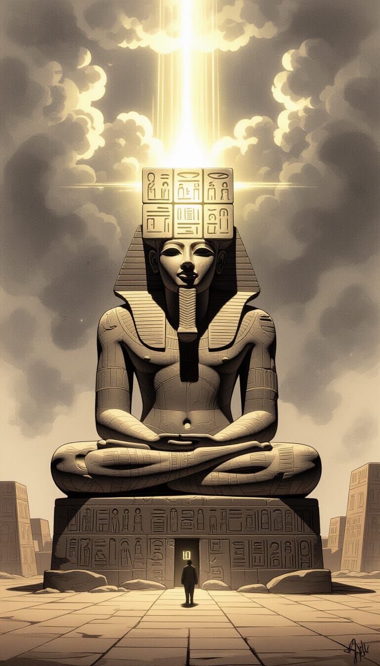 Ancient Stone Statue with Cubic Head in Charcoal