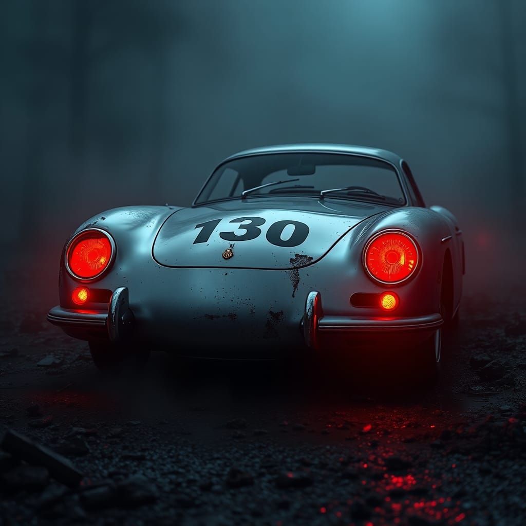 James Dean's silver sports car  Porsche 550 Spyder car with the number 130 on the hood