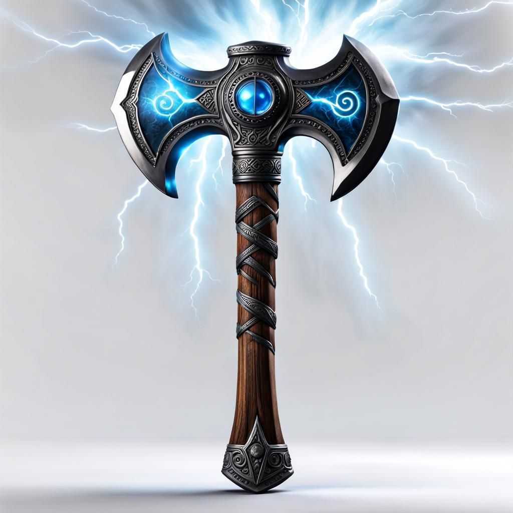 Epic Axe with Glowing Runes and Thunderous Sky