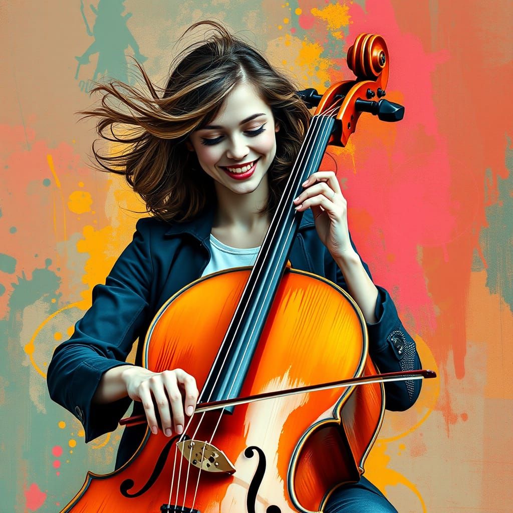 Energetic Woman Playing Cello with Abstract Background