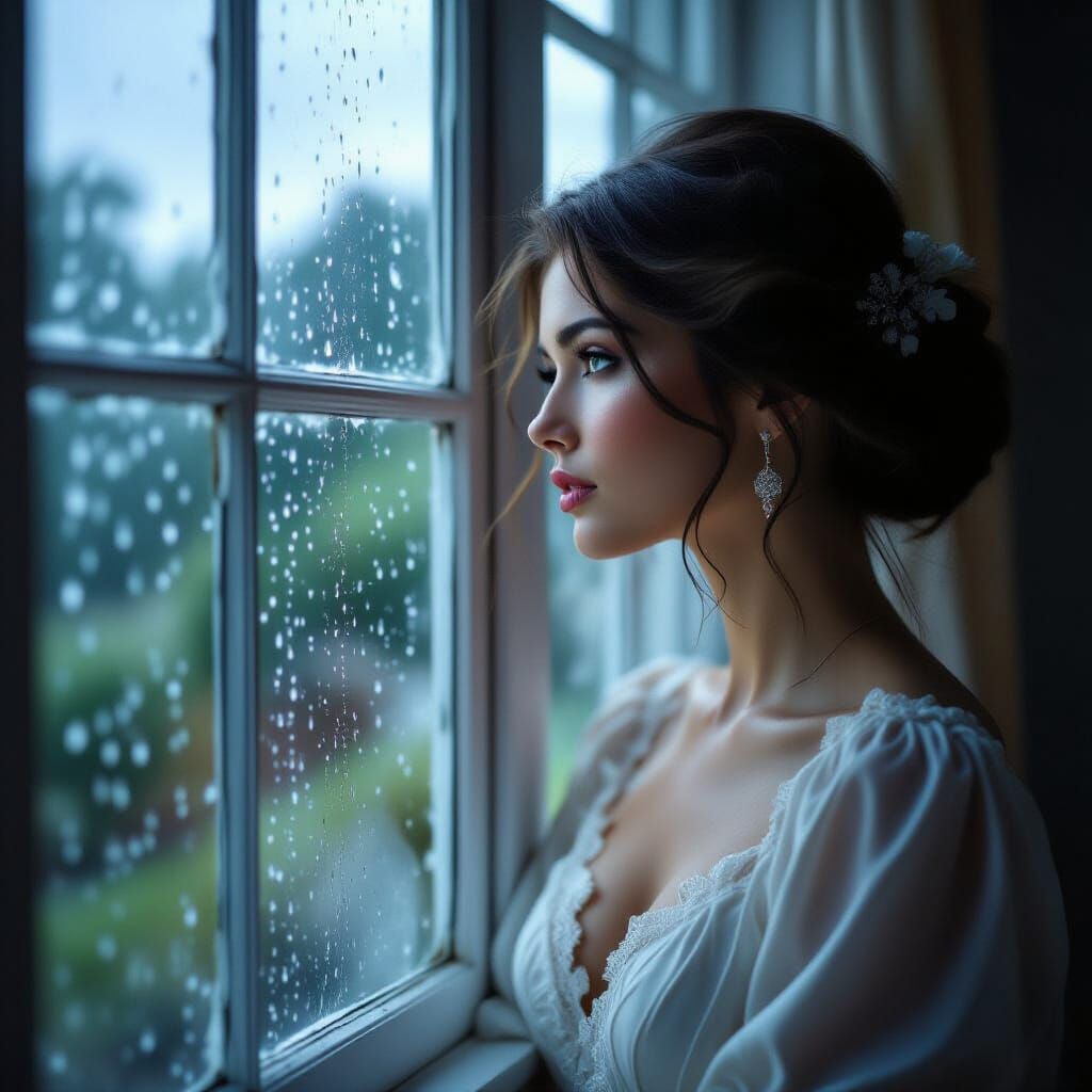 Woman Gazing at Approaching Summer Rain, Hyperrealistic