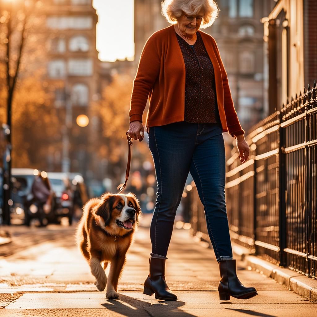 Woman Walks Dog: Vibrant Street Photography in Golden Light