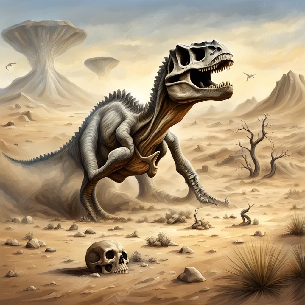 Dinosaur Fossil Bones in Dusty Desert Landscape