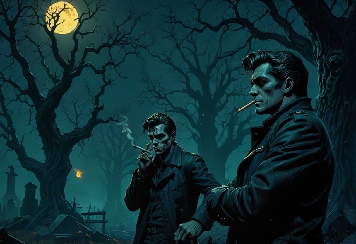 Greasers in Graveyard: Detailed Matte Painting