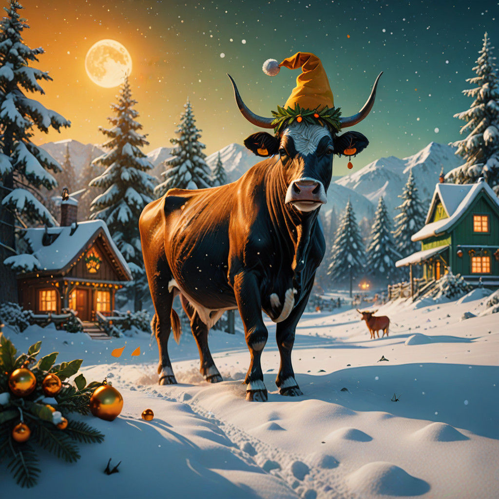 Whimsical Christmas Cow in Snowy Wonderland