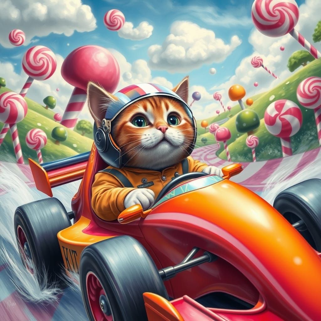 Chubby Feline Racer Speeds Through Whimsical Candyland