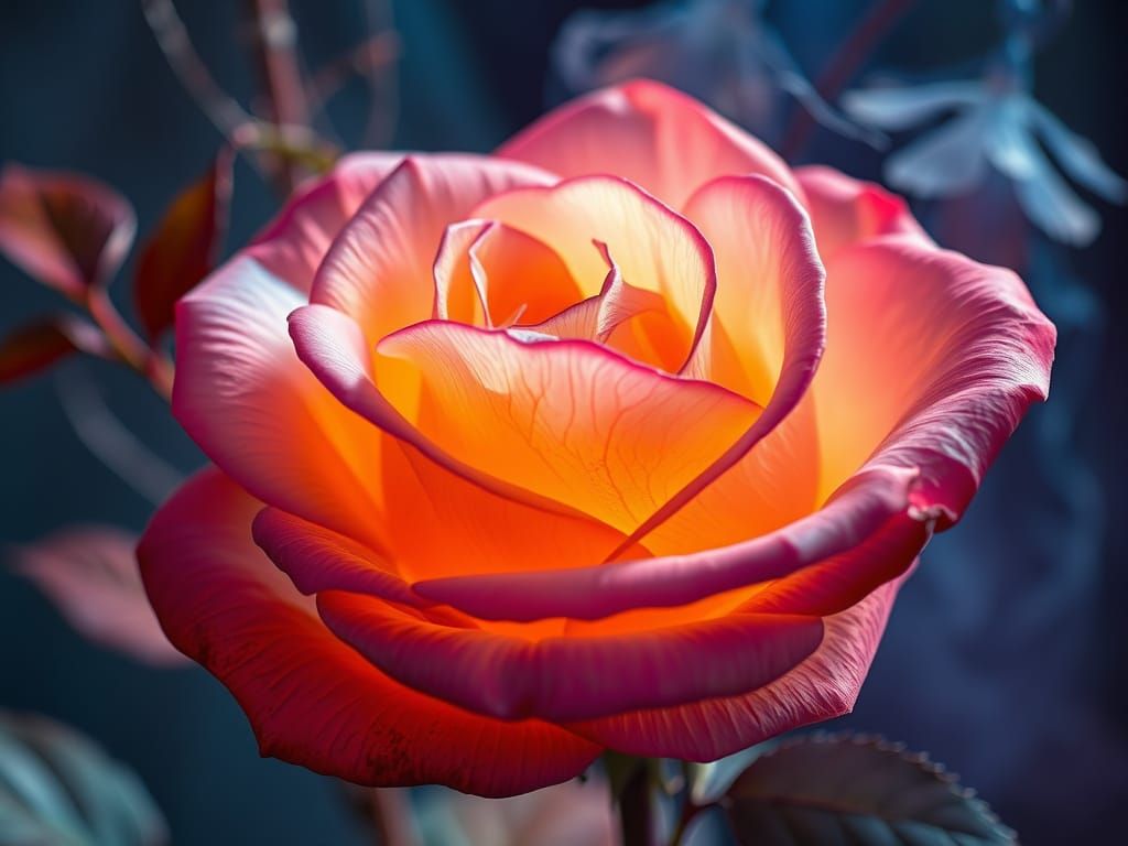 Surreal, Hyperealistic Rose Blooms with Gold, Blue, and Terr...
