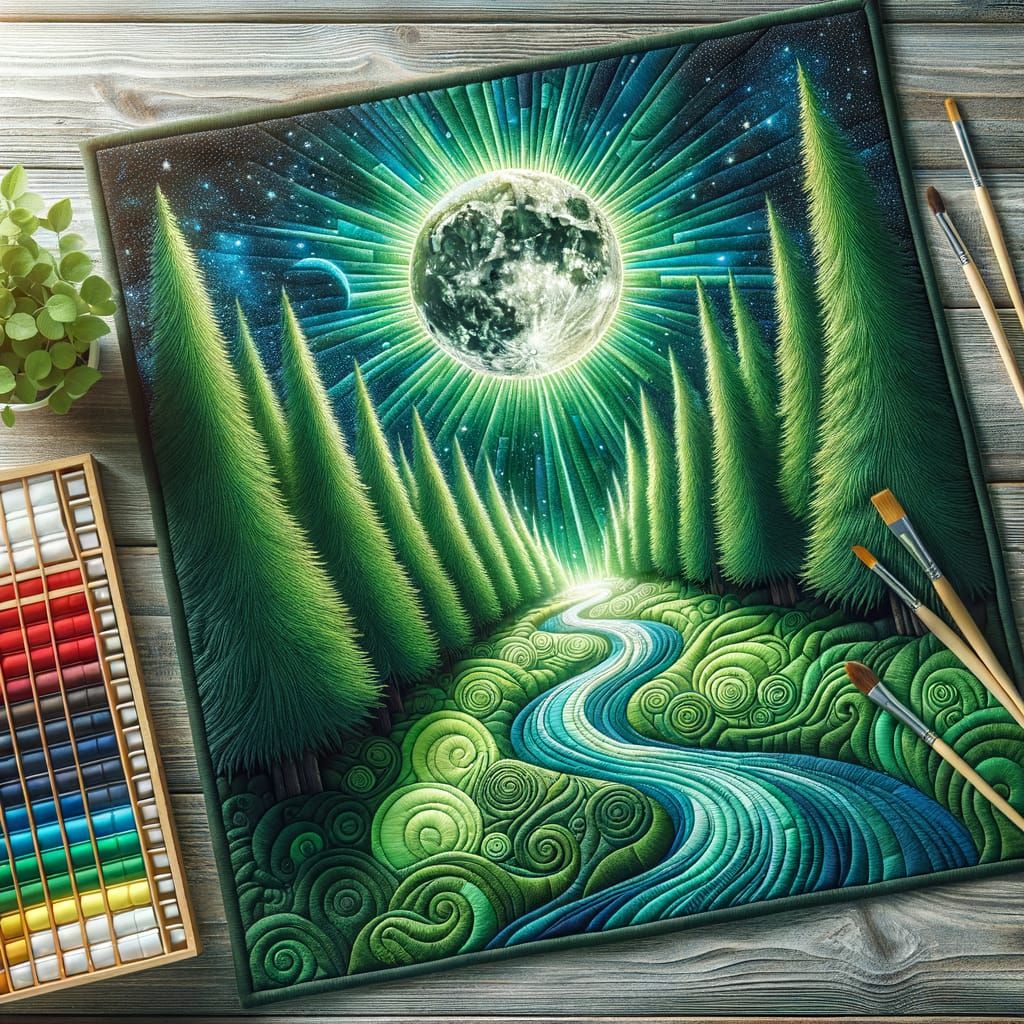 Lush Trees Reach for Radiant Moon Over Serpentine River