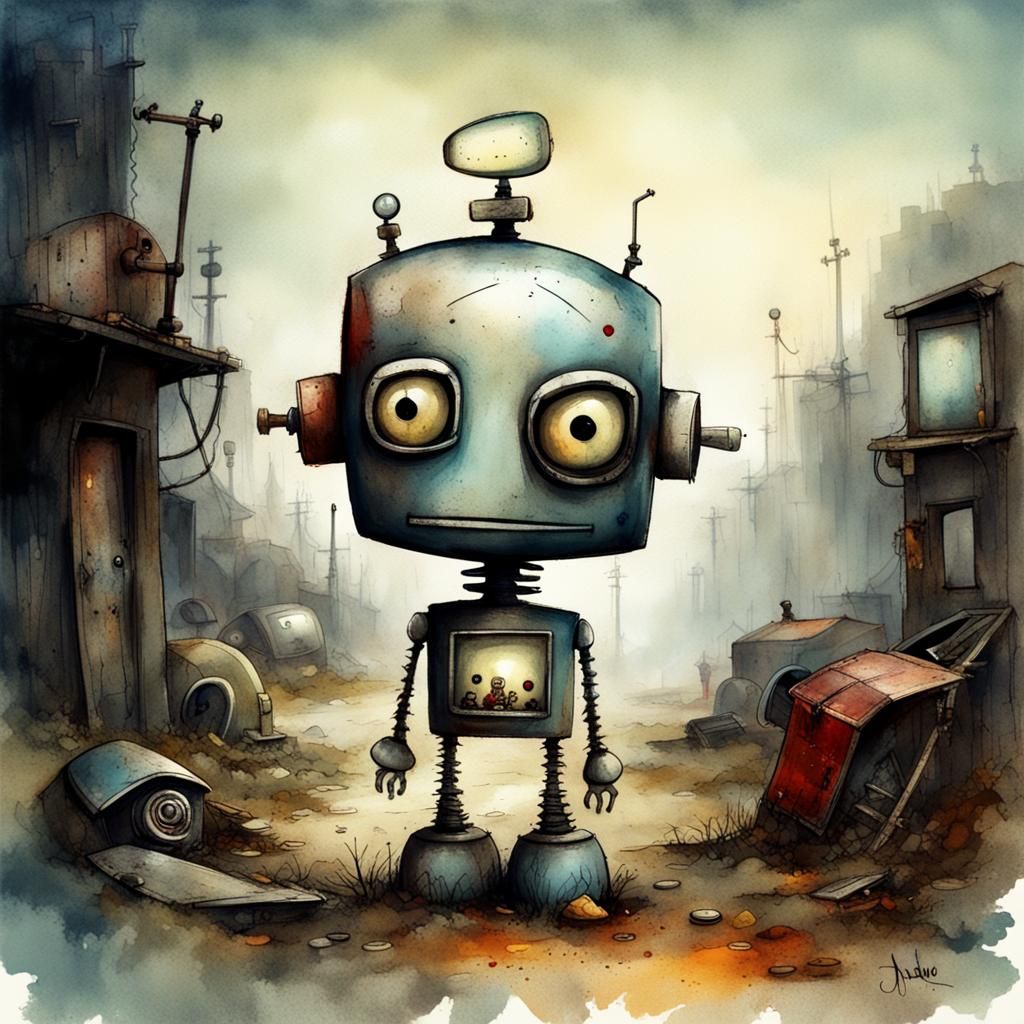 Sad Robot Boy in Junkyard, Watercolor Art