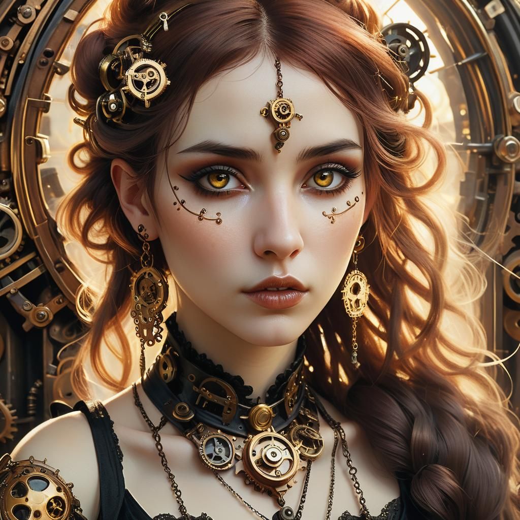 Steampunk Goth Girl Portrait in Pre-Raphaelite Style