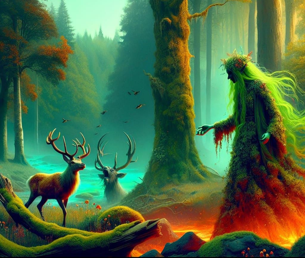 Fantasy Druid Girl Confronts Satyr in Vivid Concept Art