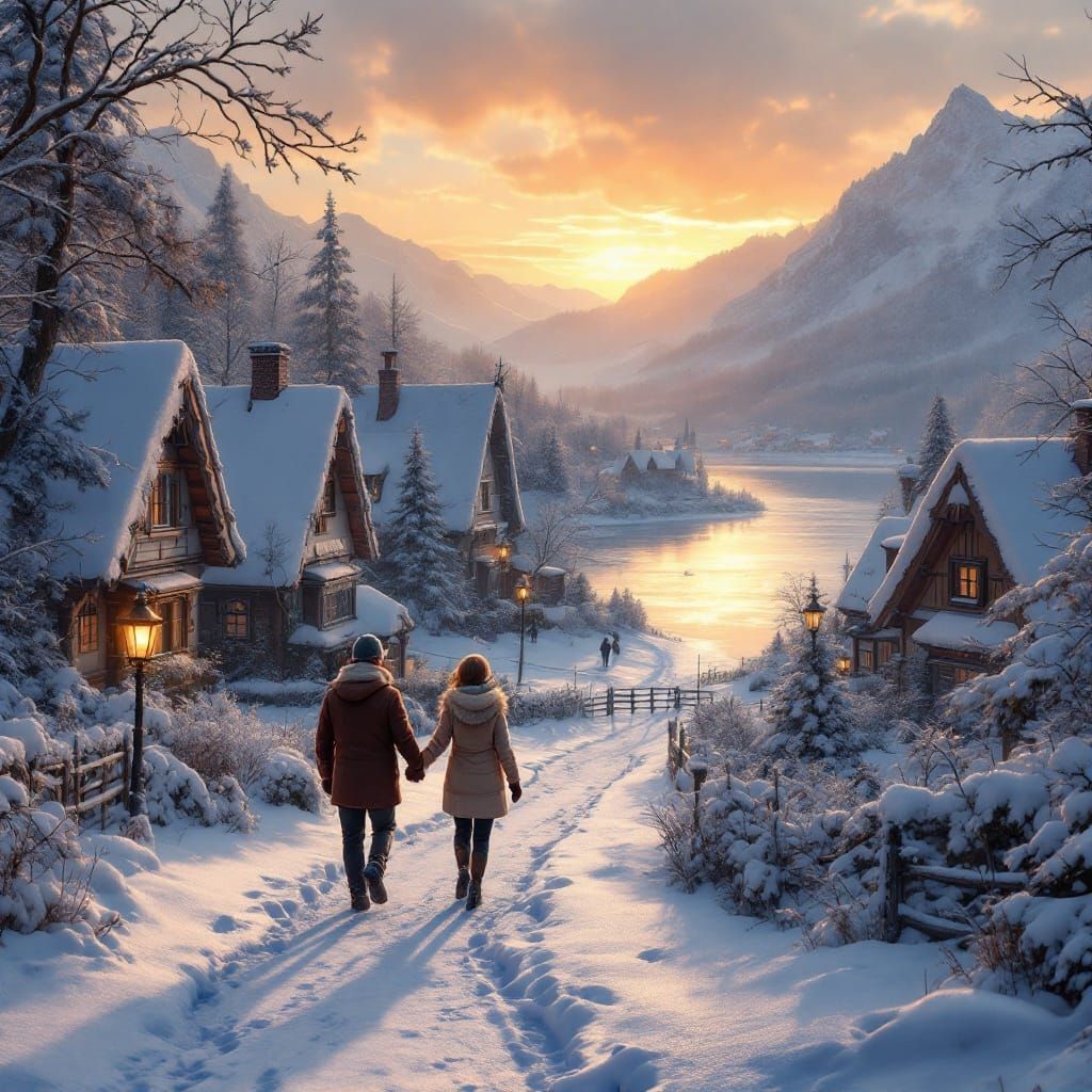 Couple Strolling Through Snowy Village Under Golden Sunset