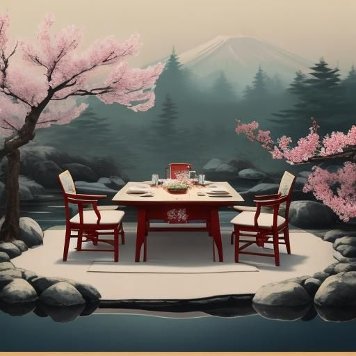 Arctic Fox Kitsune in Japanese Garden, Hokusai Style