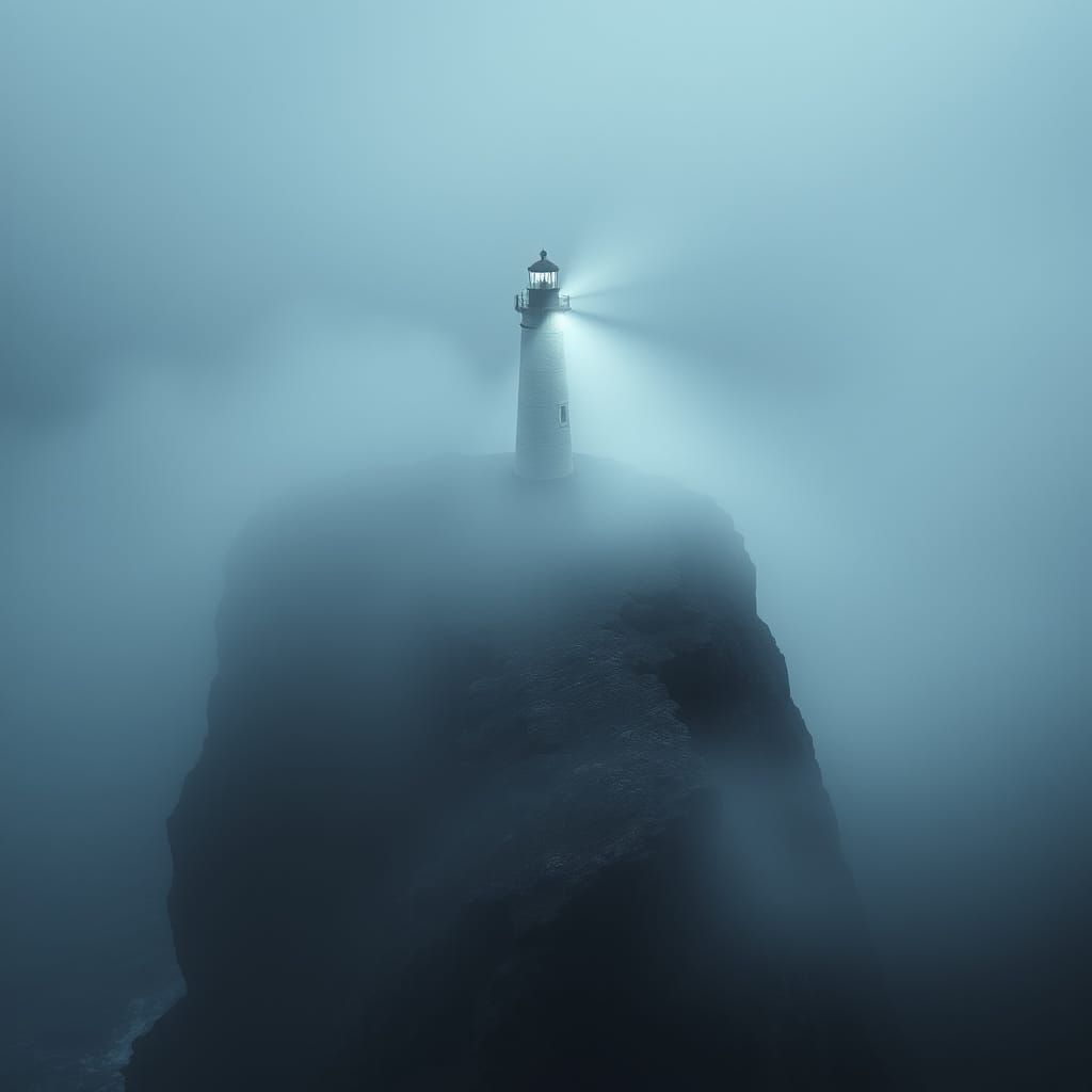 Lighthouse Beacon in Foggy Romantic Landscape