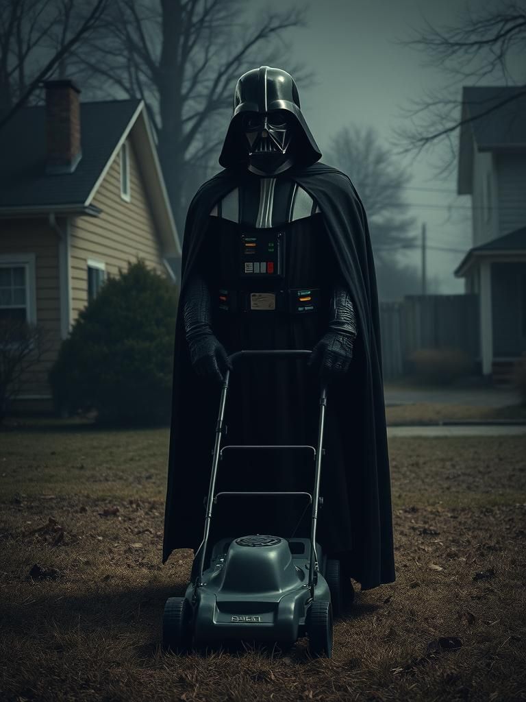 Darth Vader as Suburban Gardener in Dystopian Style