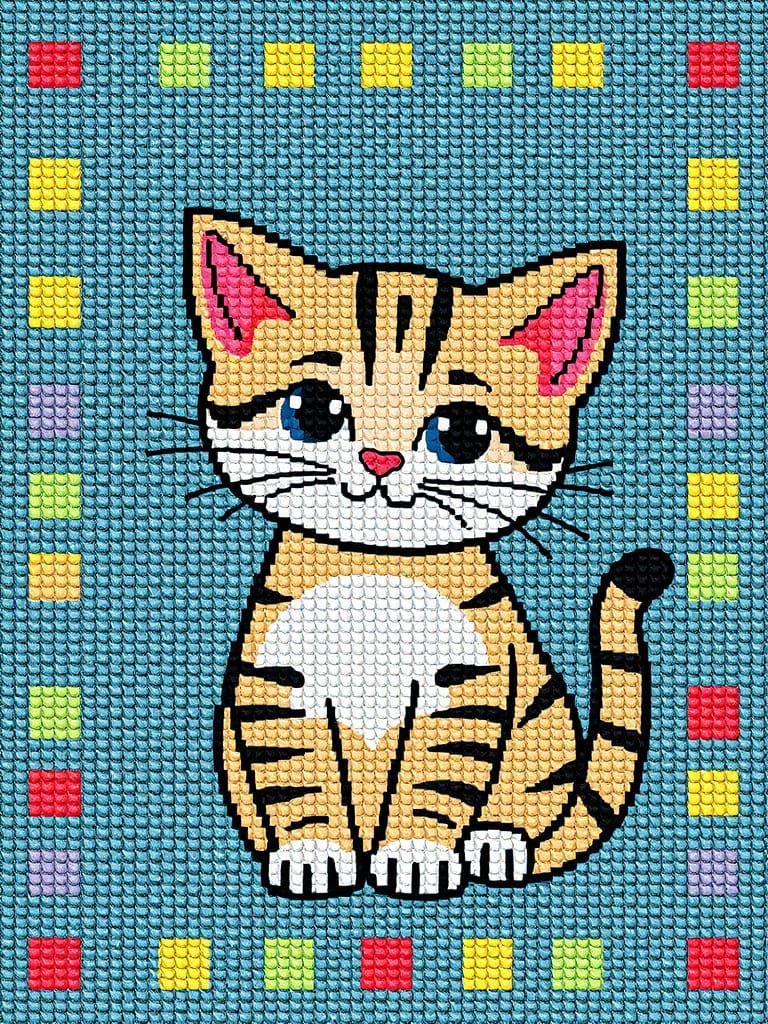 Whimsical Cross-Stitch Kitten in Folk Art Style