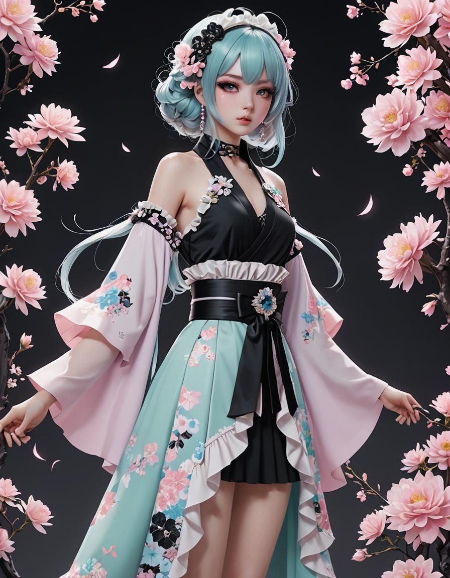Pastel Goth Kimono in Anime Art Style