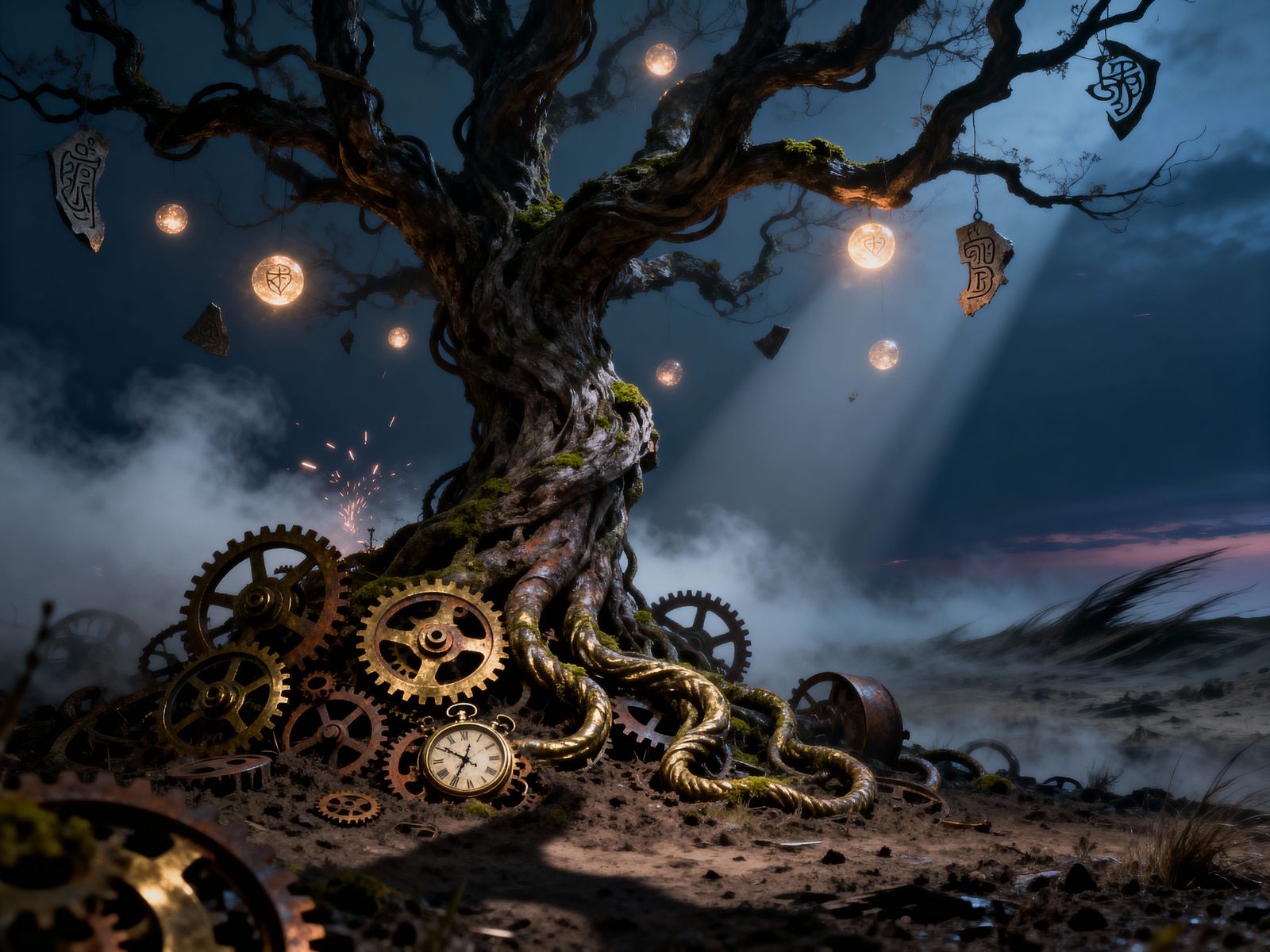 Ancient Clockwork Tree in Twilight Landscape