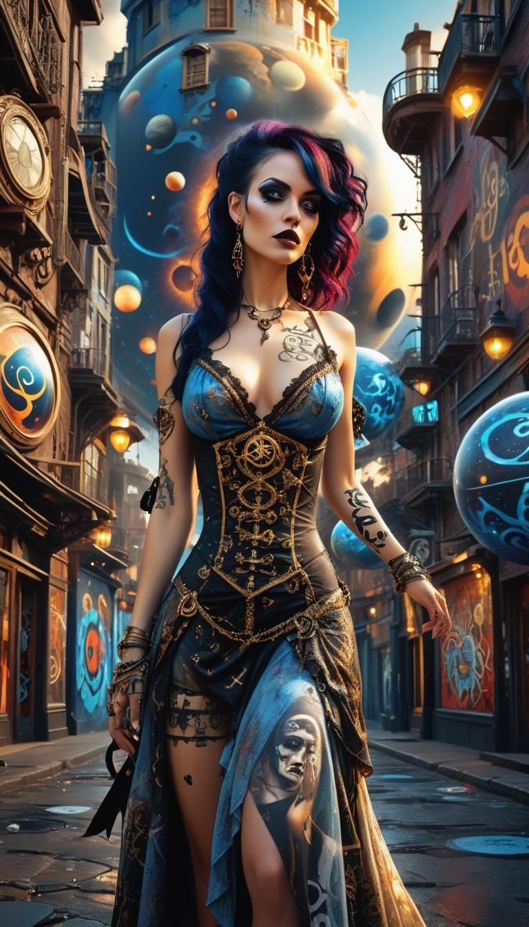 Pirate Goth Woman in Graffiti Streetscape