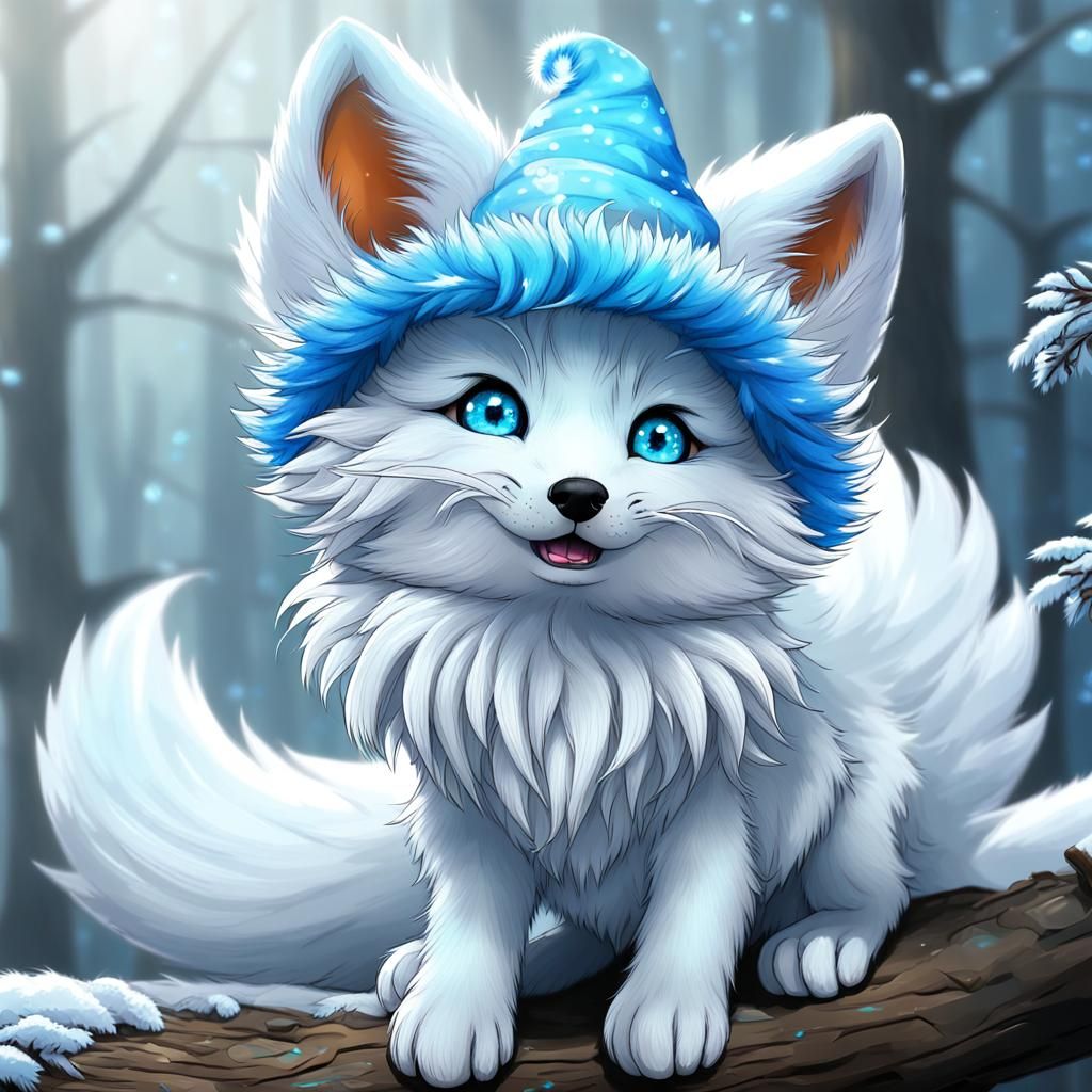 Baby Kitsune with Nine Tails in Chibi Style