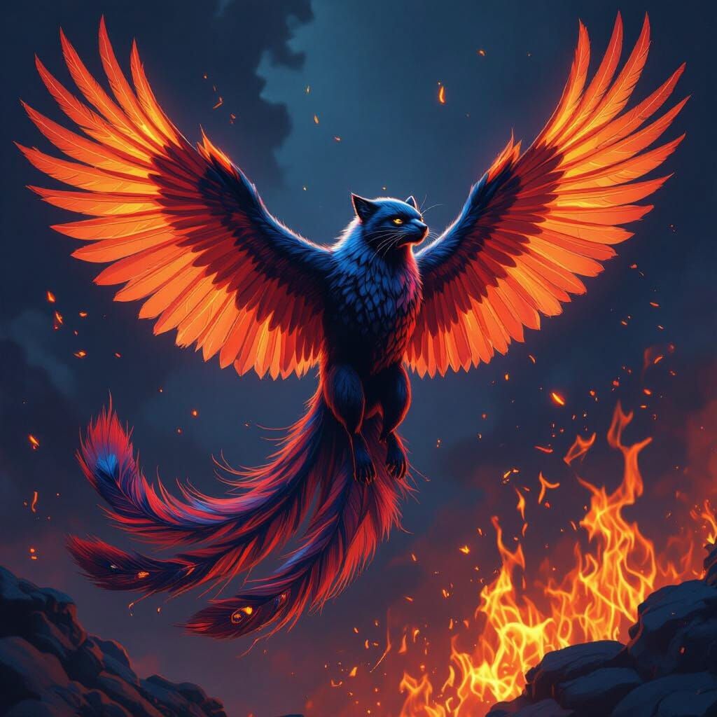 Panther-Phoenix Hybrid Amidst Blazing Flames