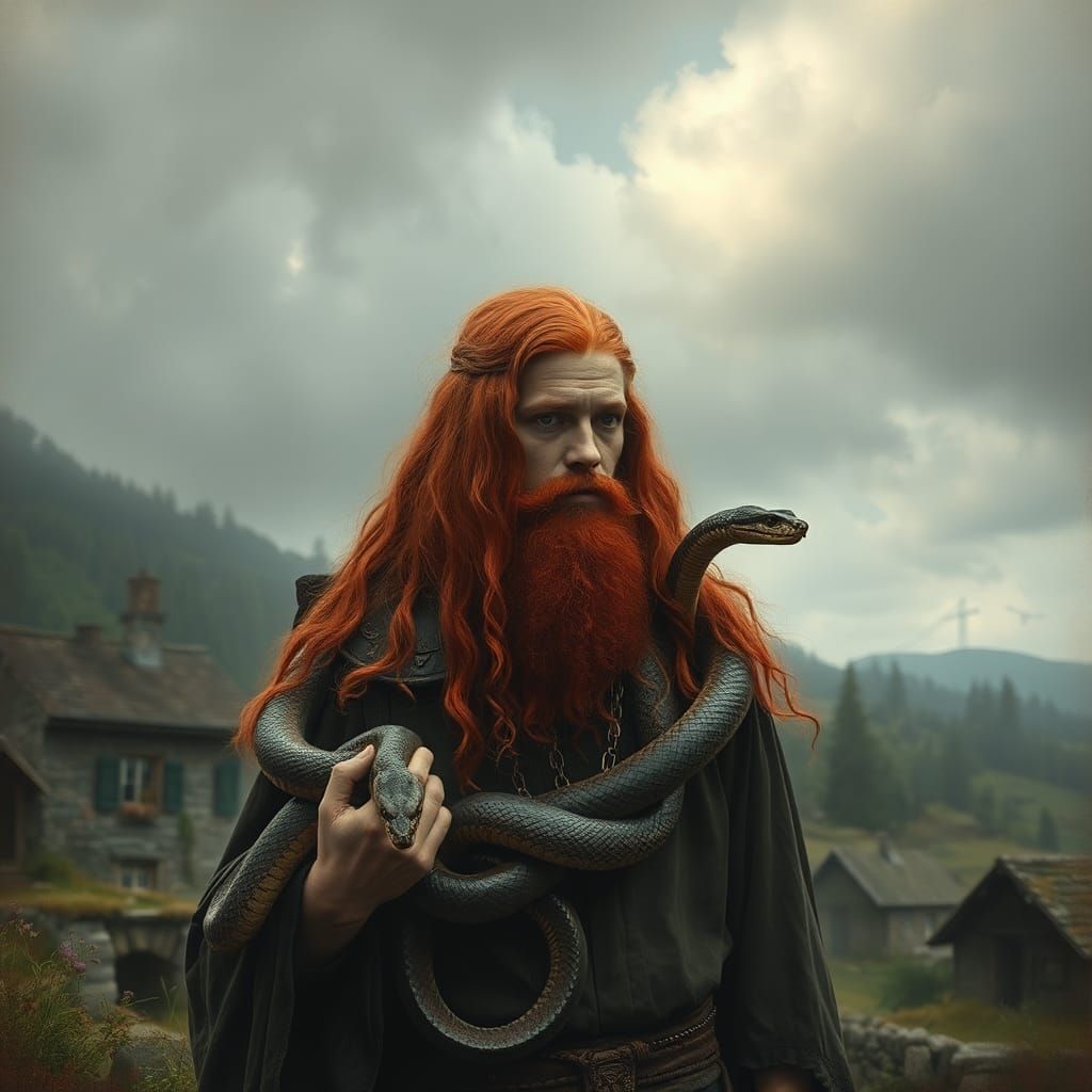 Red-Haired Druid Priest with Snakes and Village