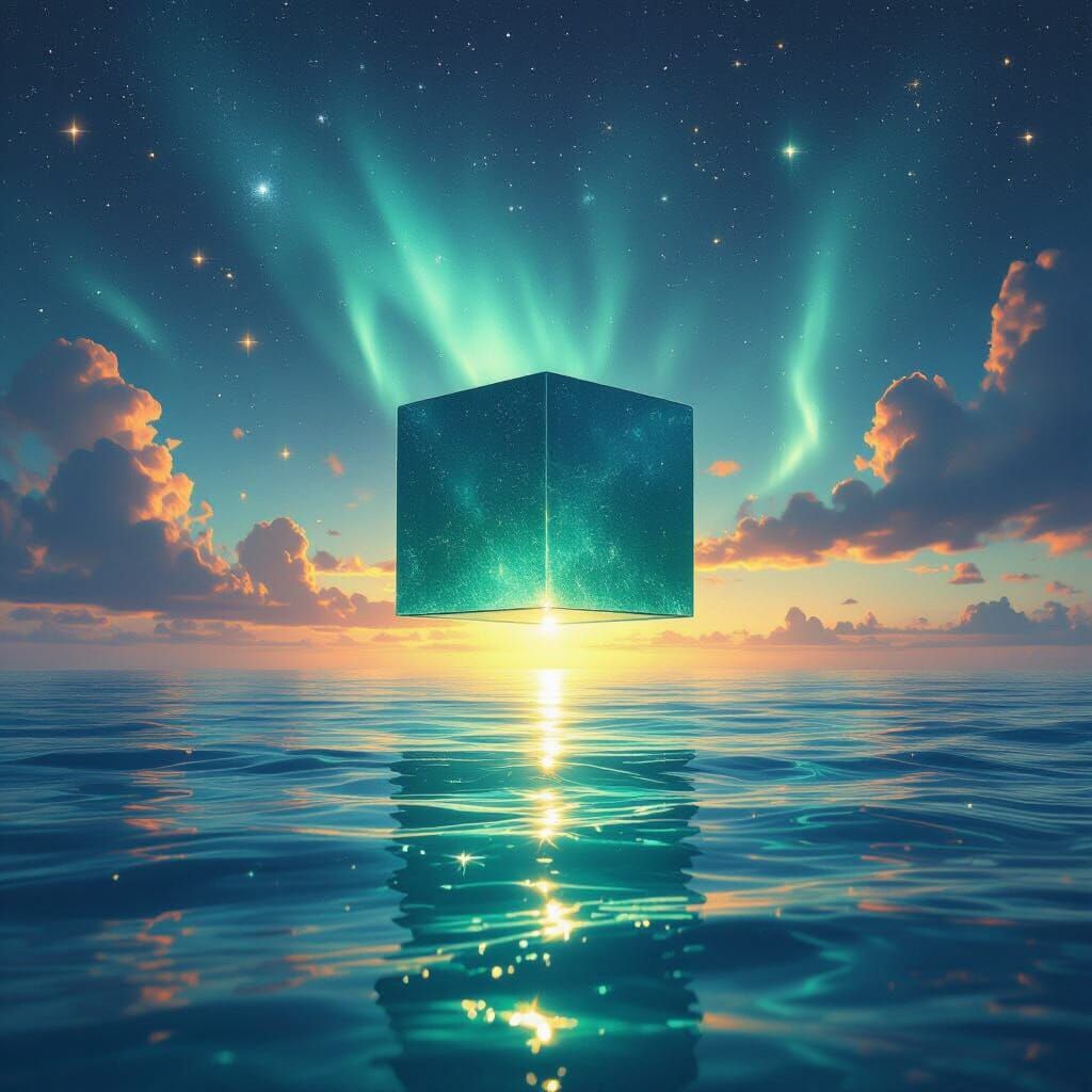 Emerald Cube Over Turquoise Sea, Hyperrealistic Digital Pain...