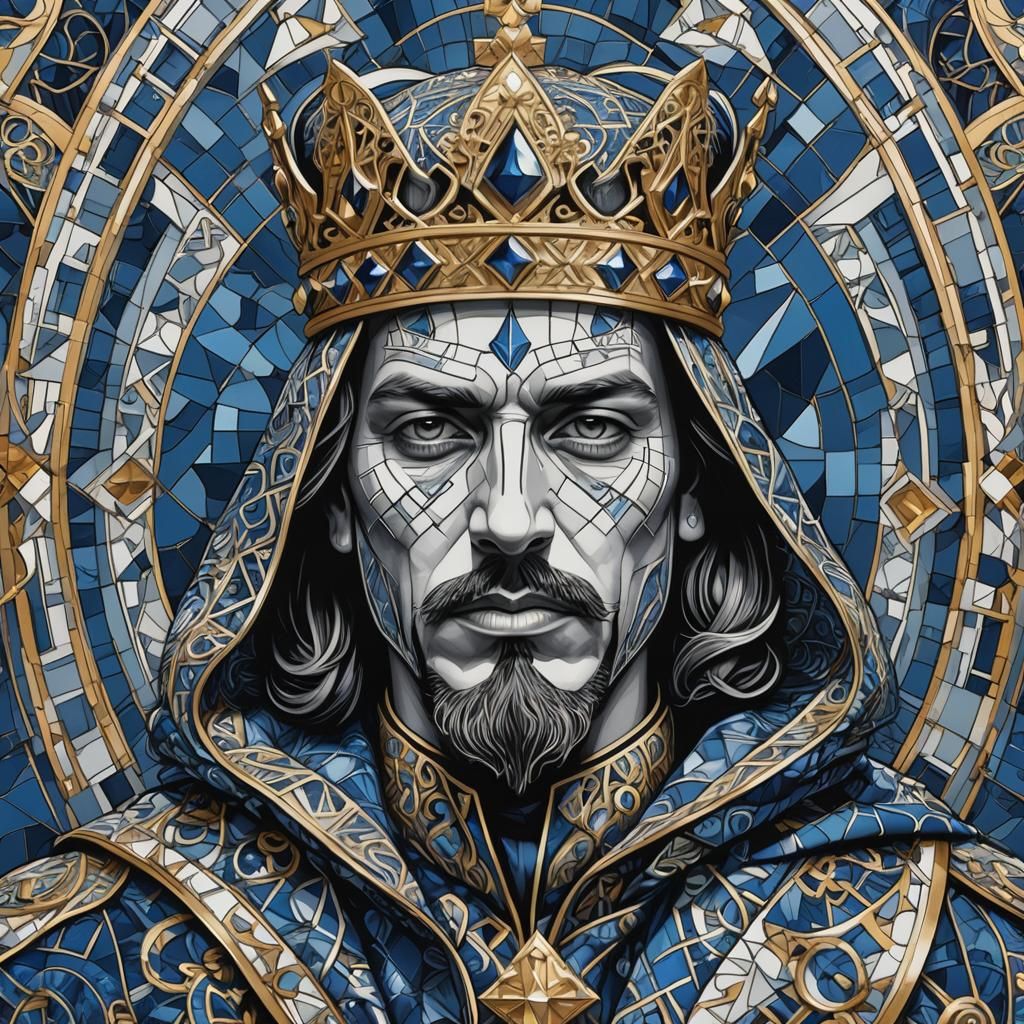 Monochrome King of Spades Portrait with Geometric Patterns