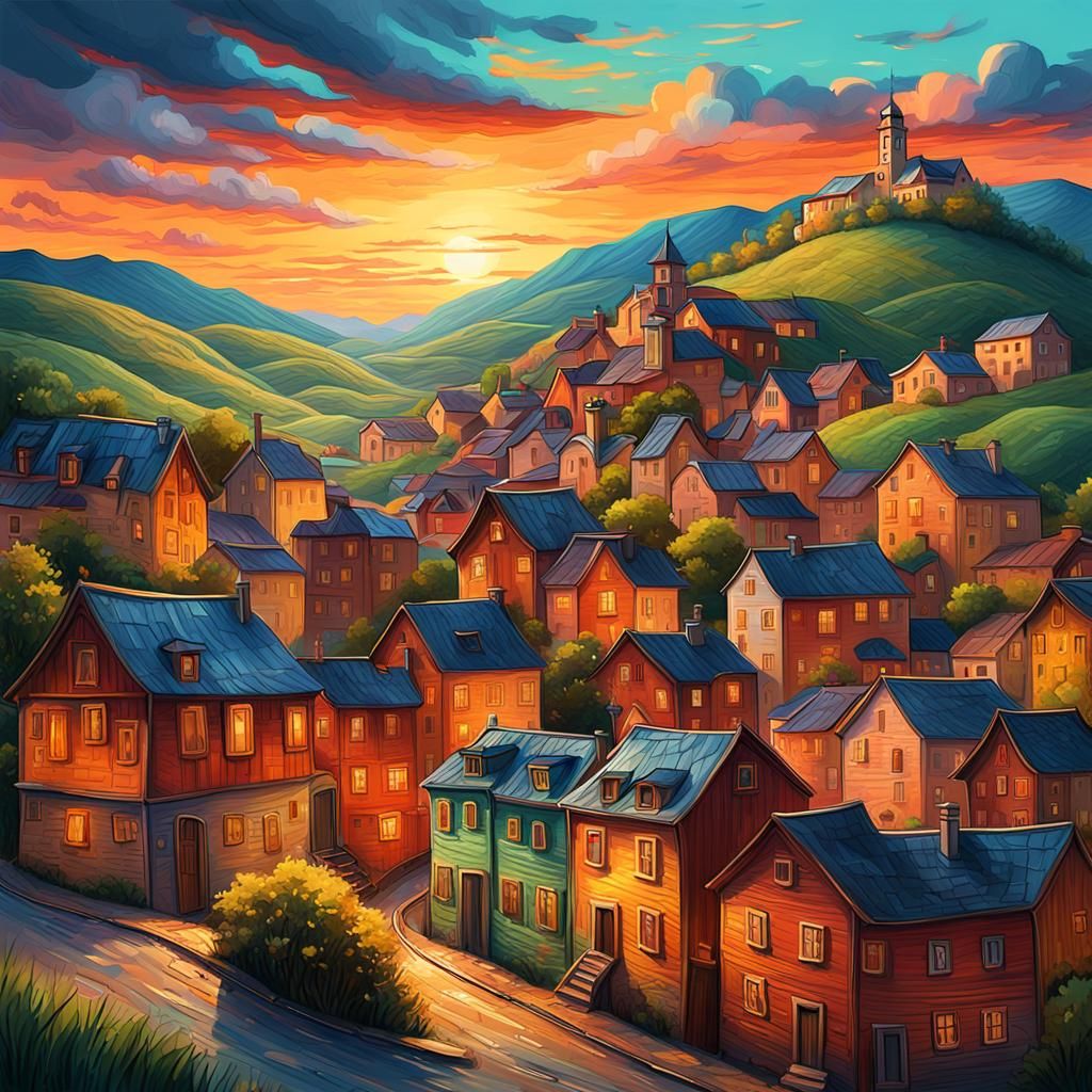 Charming Townscape at Sunset in Naïve Art Style