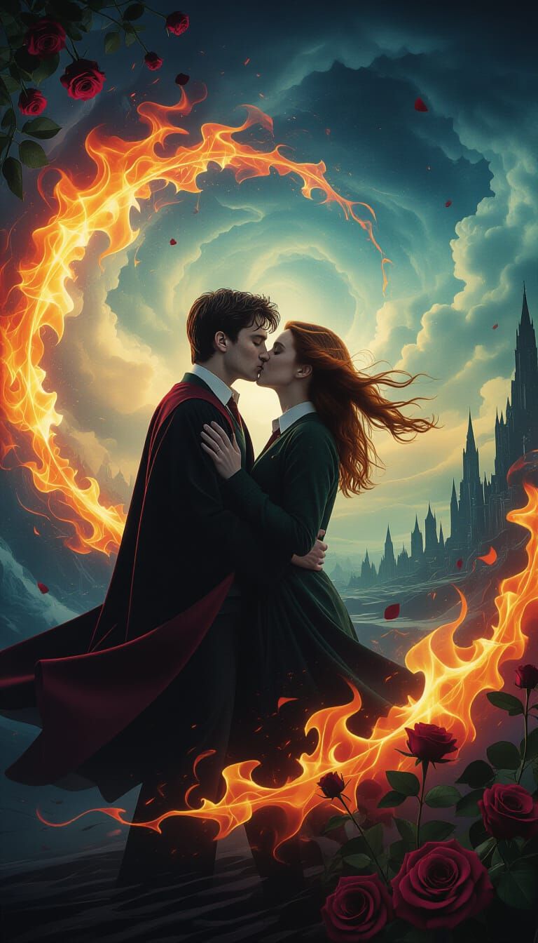 Harry Potter Kiss in Surreal Cyberpunk Flames