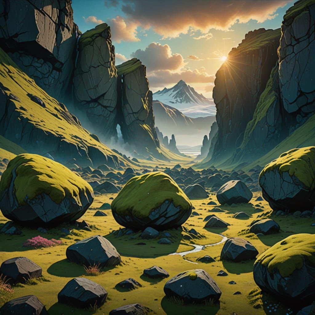 Elves Amidst Vibrant Boulders in Icelandic Landscape