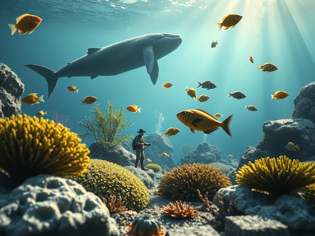 Underwater Coral Farming Scene with Miniature Japanese Farme...