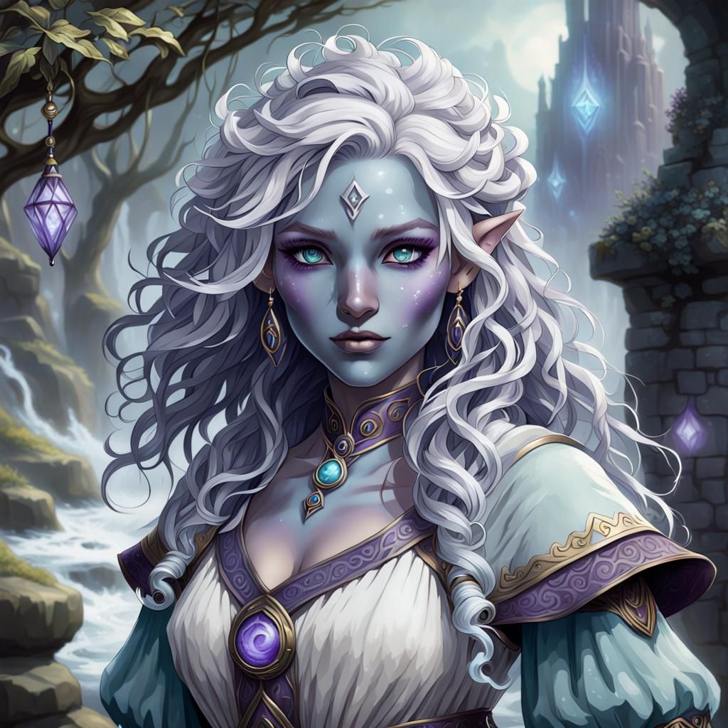 Water Genasi Girl in Druid Dress: Ethereal Fantasy Portrait