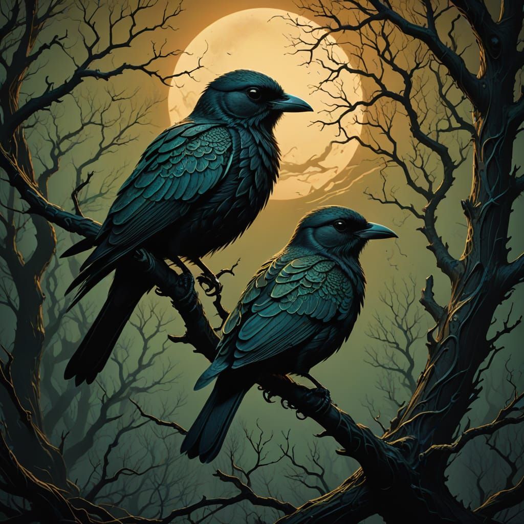 Surreal Birds Perch on Twisted Branch in Dark, Atmospheric V...