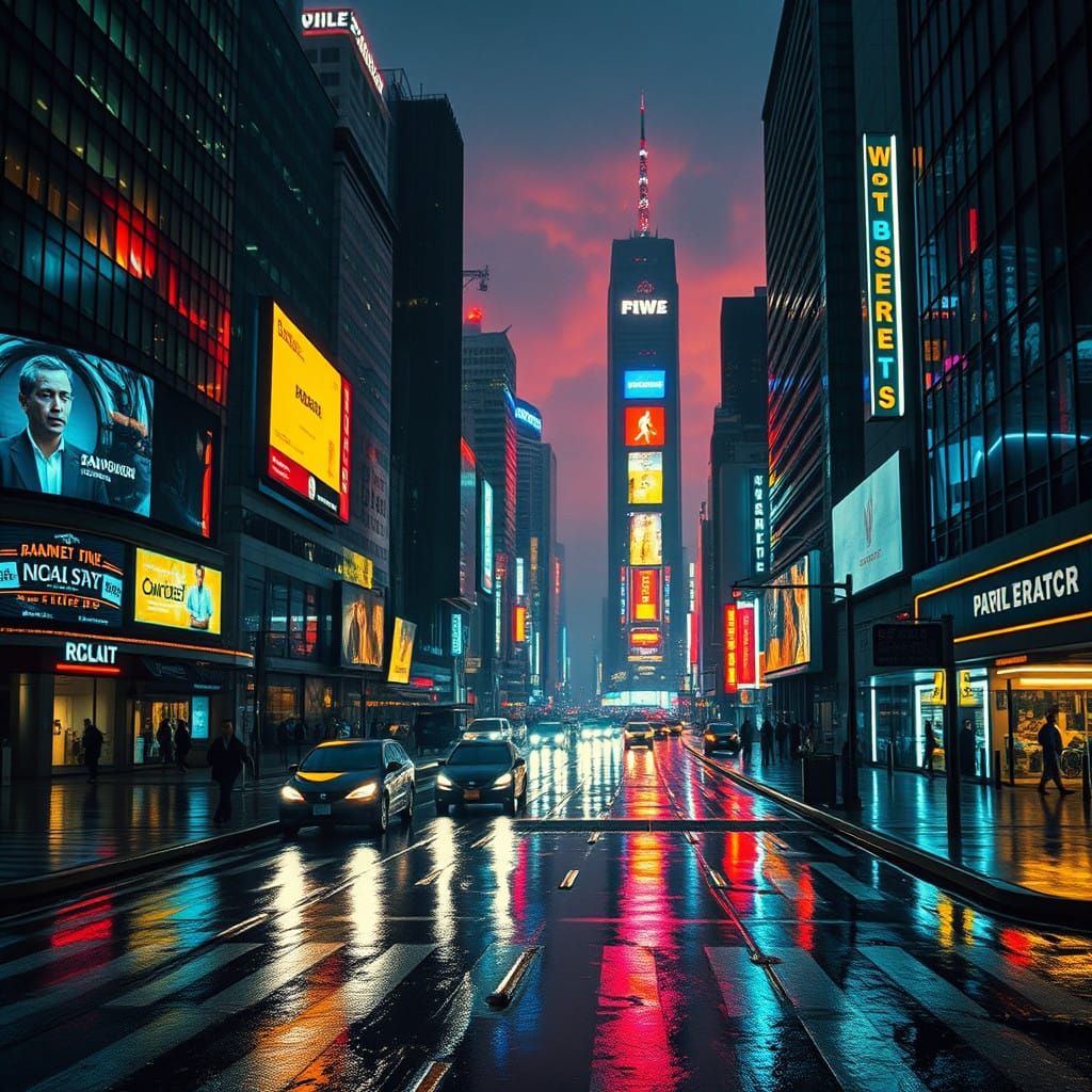 Vibrant Metropolis Unfolds at Twilight in Film Noir Style