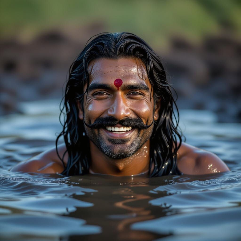 Indian Man Bathes in Black Mud, Cinematic Film Still