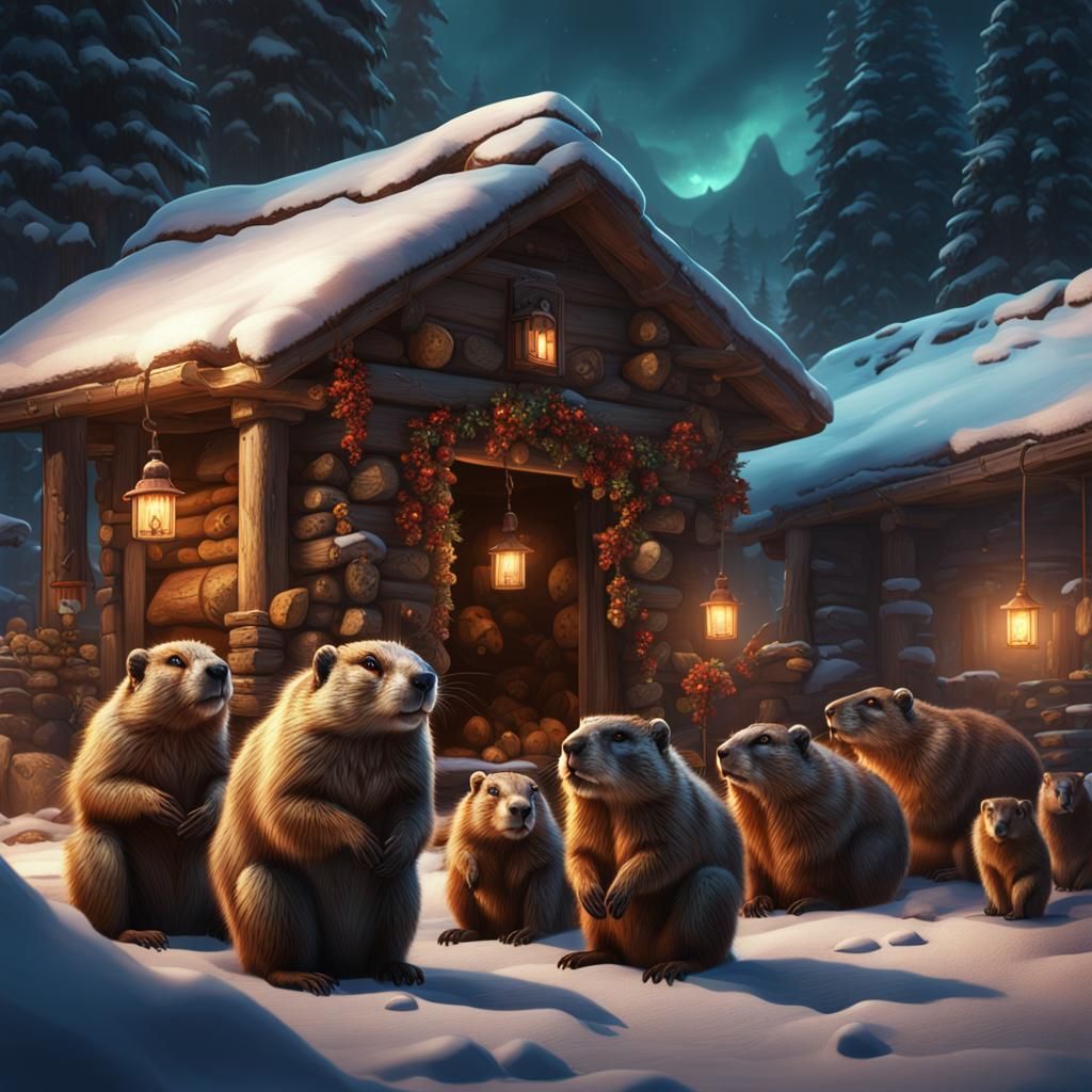 Marmot Family in Cozy Winter Cottage: Detailed Matte Paintin...