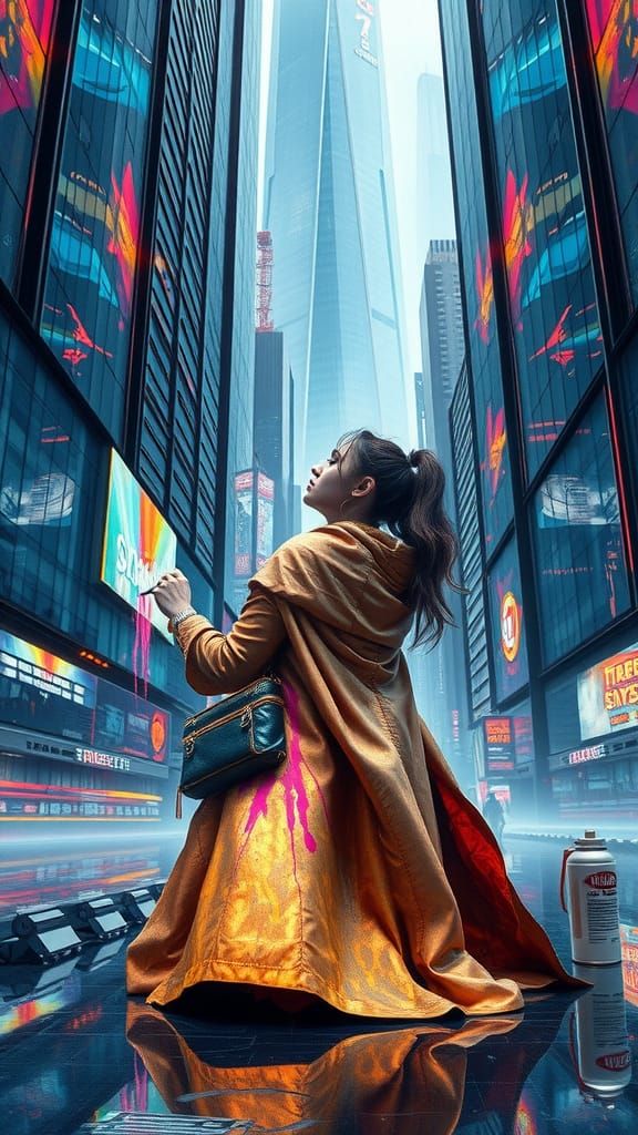 Futuristic Poet Creates Graffiti in Cyberpunk Metropolis