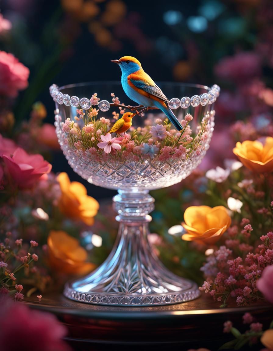 Fairy in Crystal Goblet with Flowers and Birds