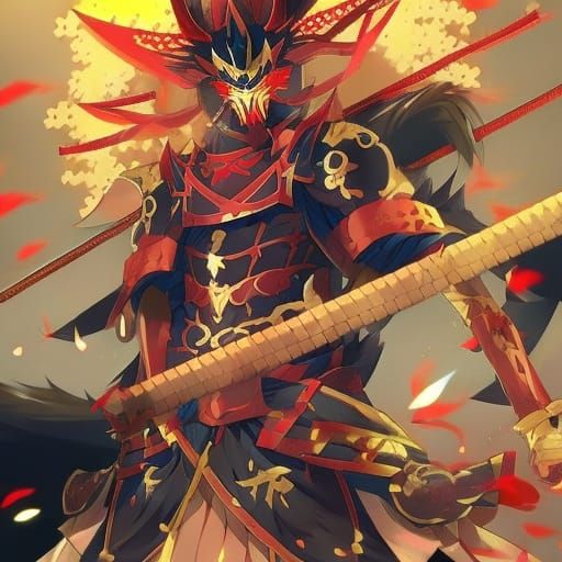Golden Samurai Suit and Oni Mask in Anime Style