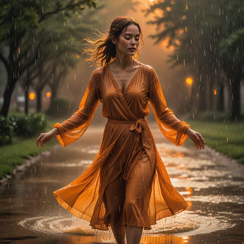 Woman Dancing in Orange Rain: Impressionist Realism