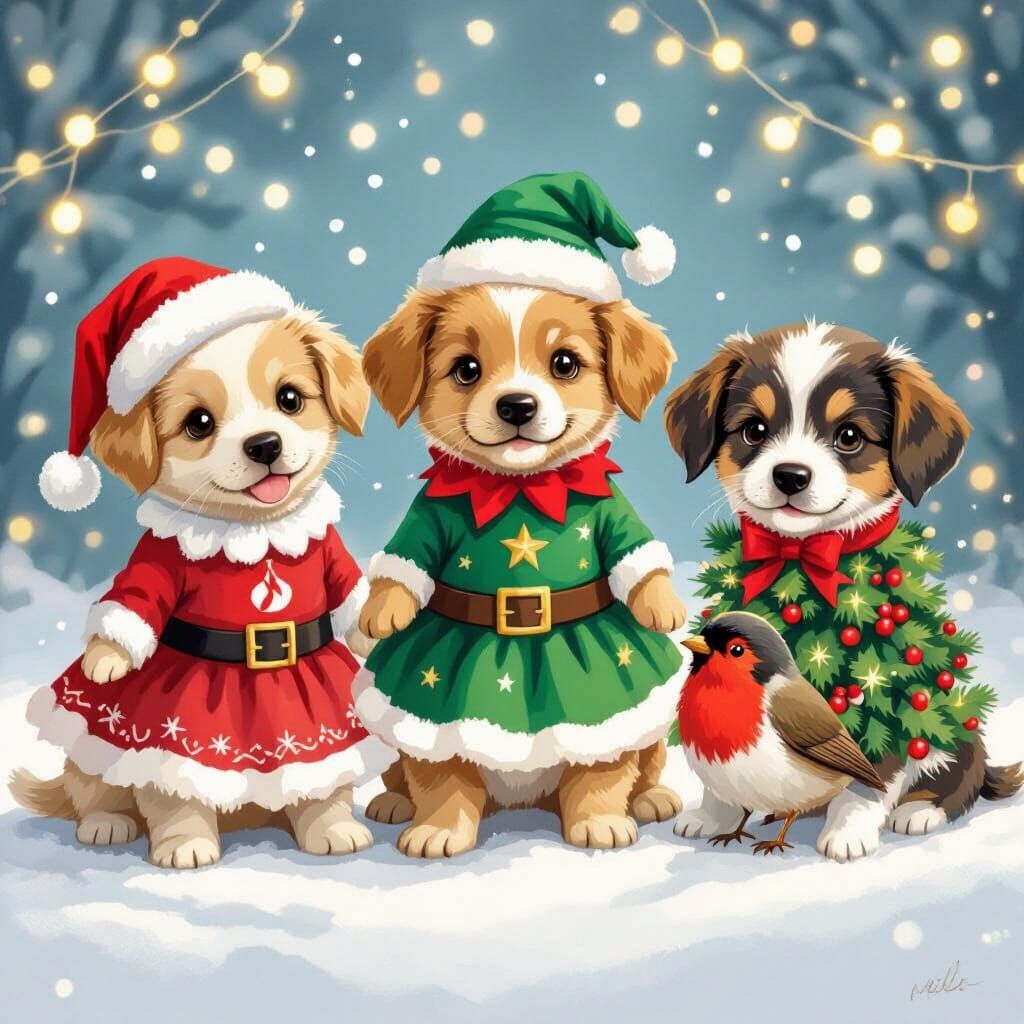 Five Festive Puppies in Adorable Christmas Dresses