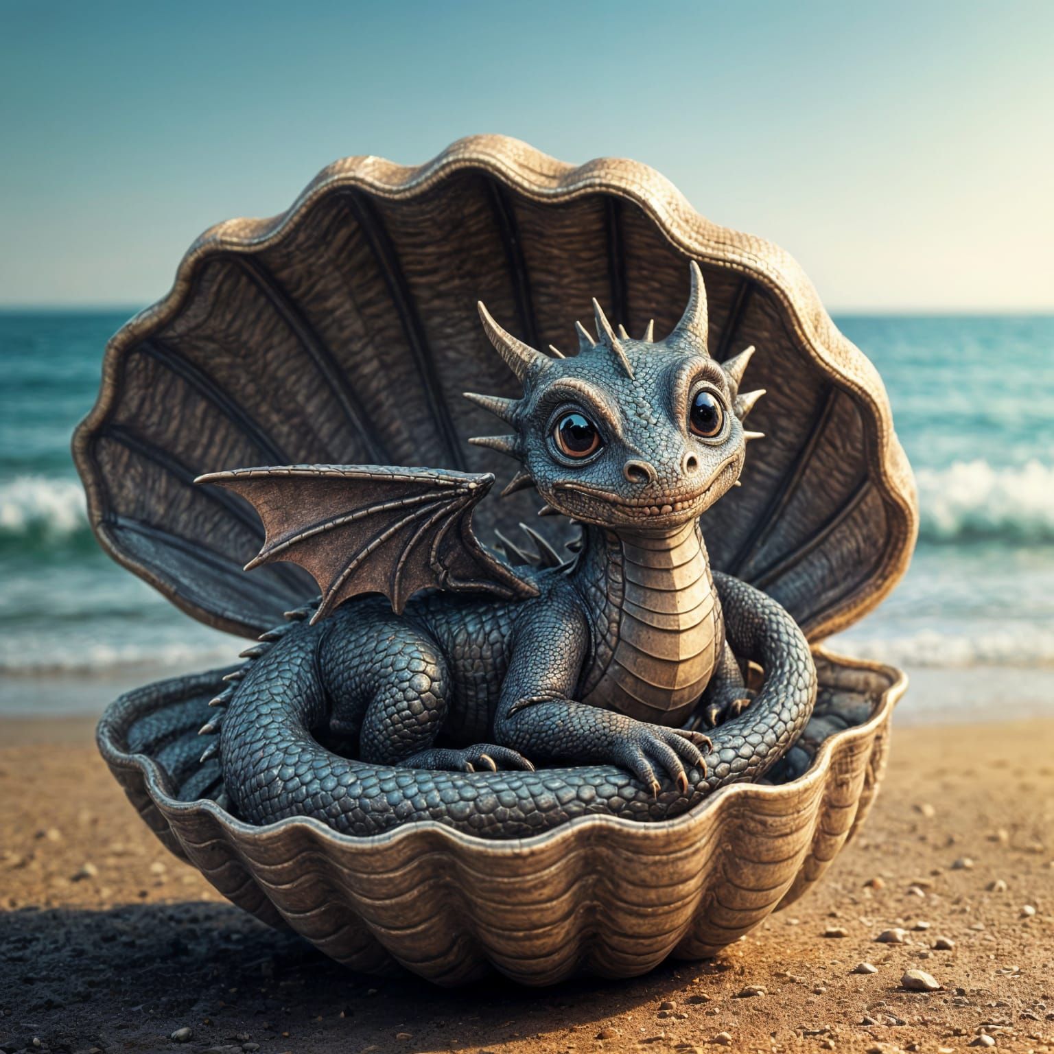 Metallic Dragon Curled in Shell, Ocean Scene in Vibrant Colo...