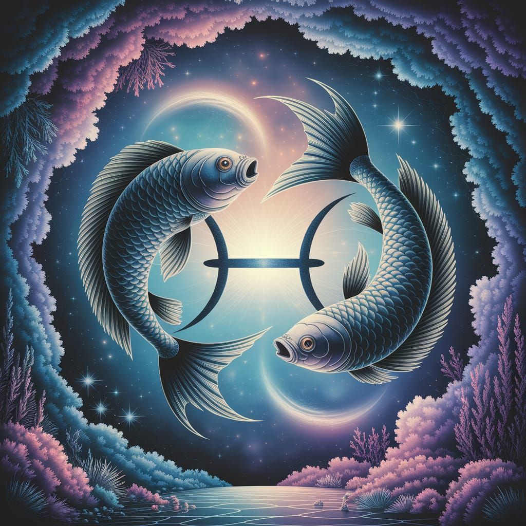 Pisces Symbol Formed by Ethereal Fish in Cosmic Fantasy Scen...