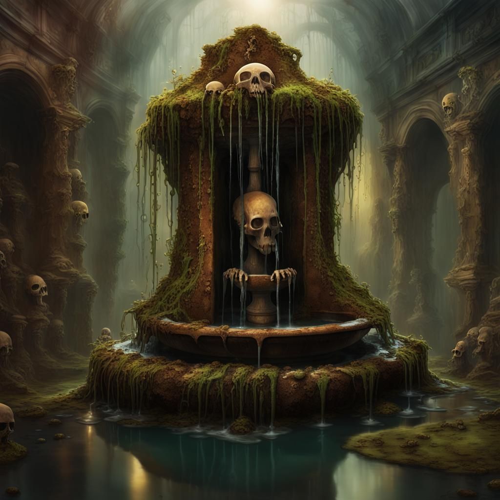 Ominous Rusty Fountain with Skulls and Moss