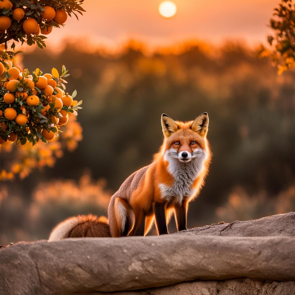 Fox and Orange Tree at Sunset in Bokeh