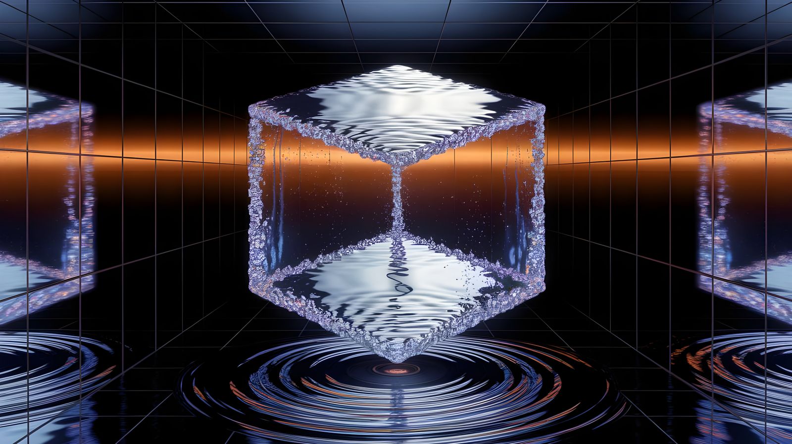 Dreamlike Water Cube in a Black Mirrored Room